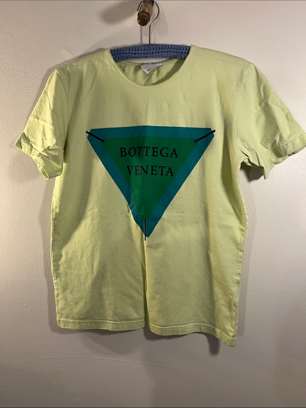 Bottega Veneta Lime Green Short Sleeve Tee with Teal Triangle Logo
